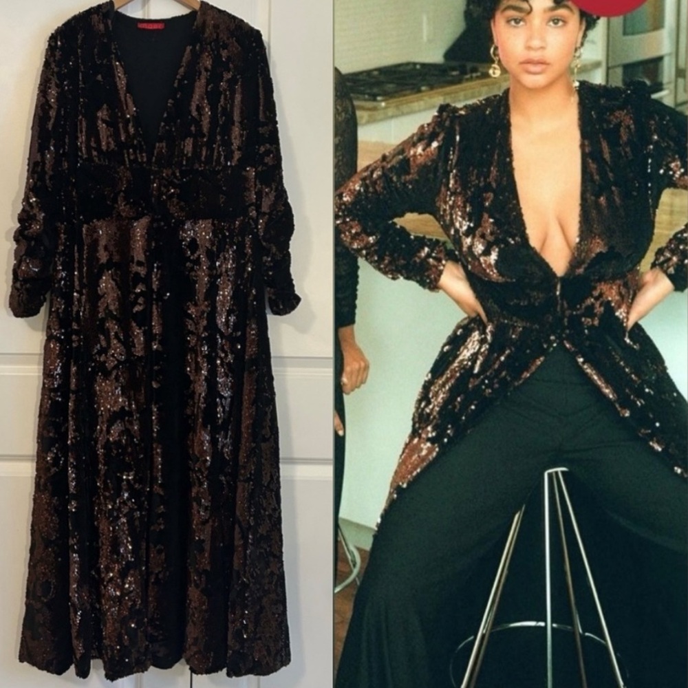Maer Co. full length topper jacket black velvet chocolate copper sequins NWT